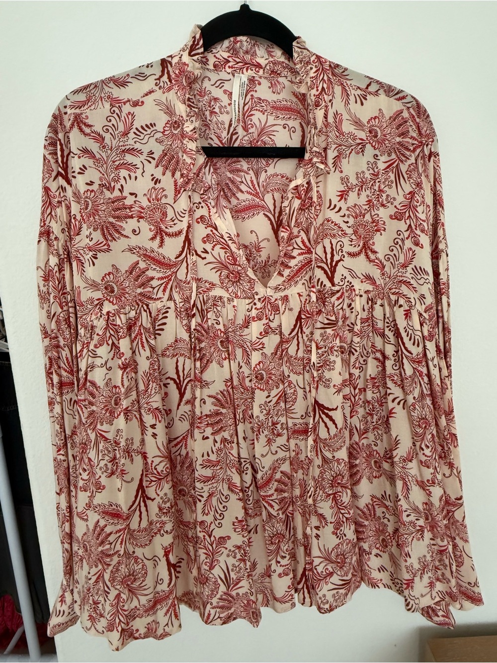 Anthropologie Cream Blouse with Red Floral Print